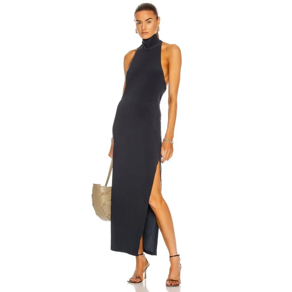 Norma Kamali Norma Kamali Halter Turtleneck Side Slit Dress Pewter